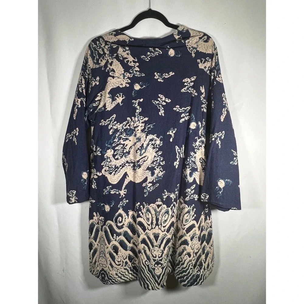 Minibee Navy Blue Dragon Print Linen Cotton Frog Button Tunic Top Womens